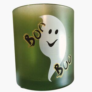 Halloween Candle Holder Ghost Boo Green Frosted Glass
